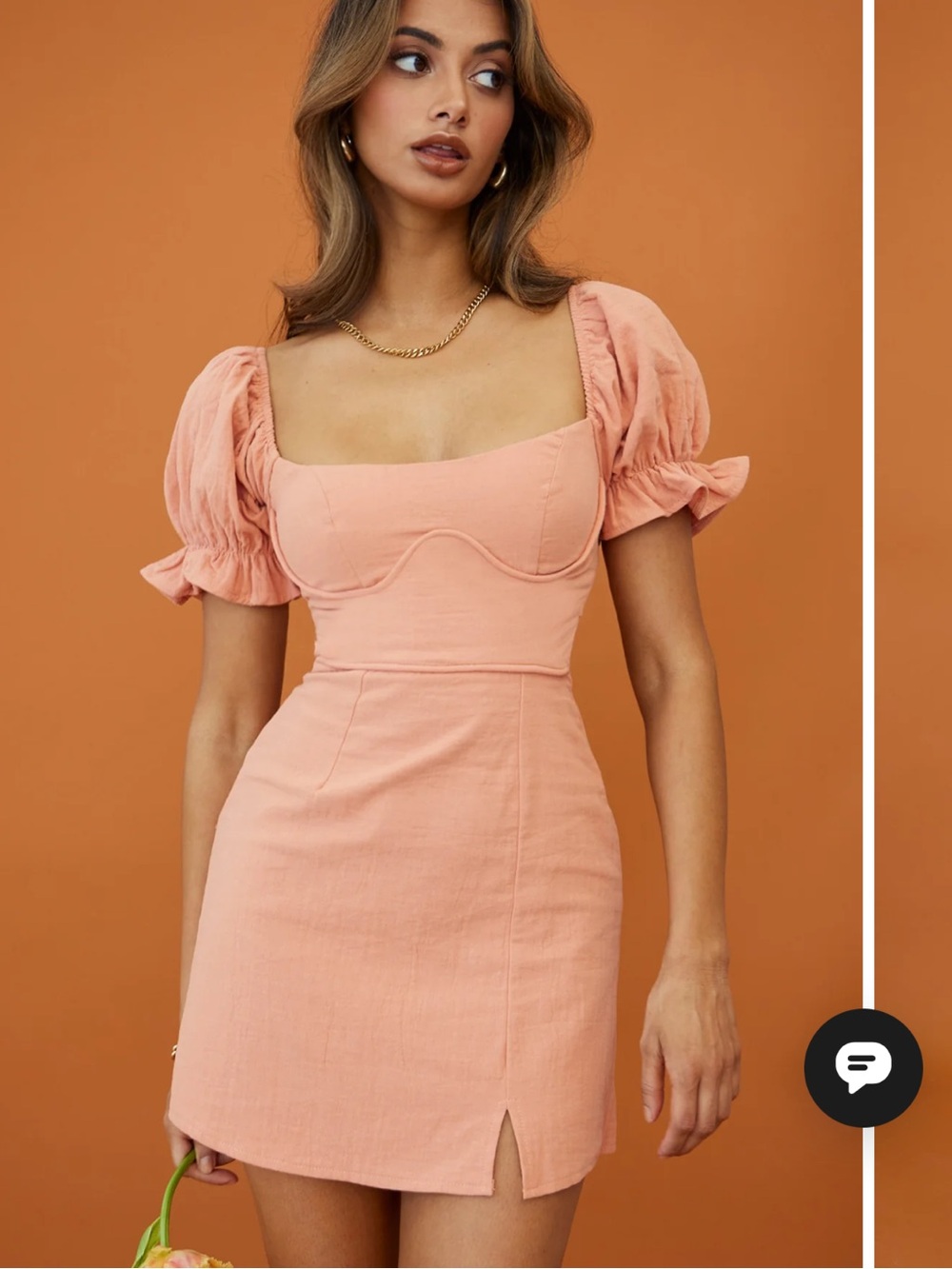 Selfie Leslie Peach-Pink Puff Sleeve Mini Dress